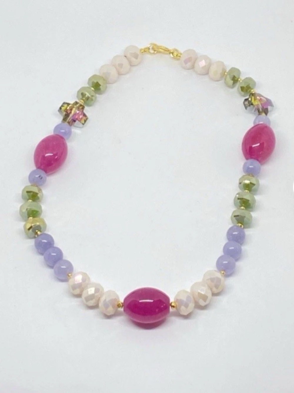 Colorful Pink & Lavender Beaded Necklace with Gold Accents